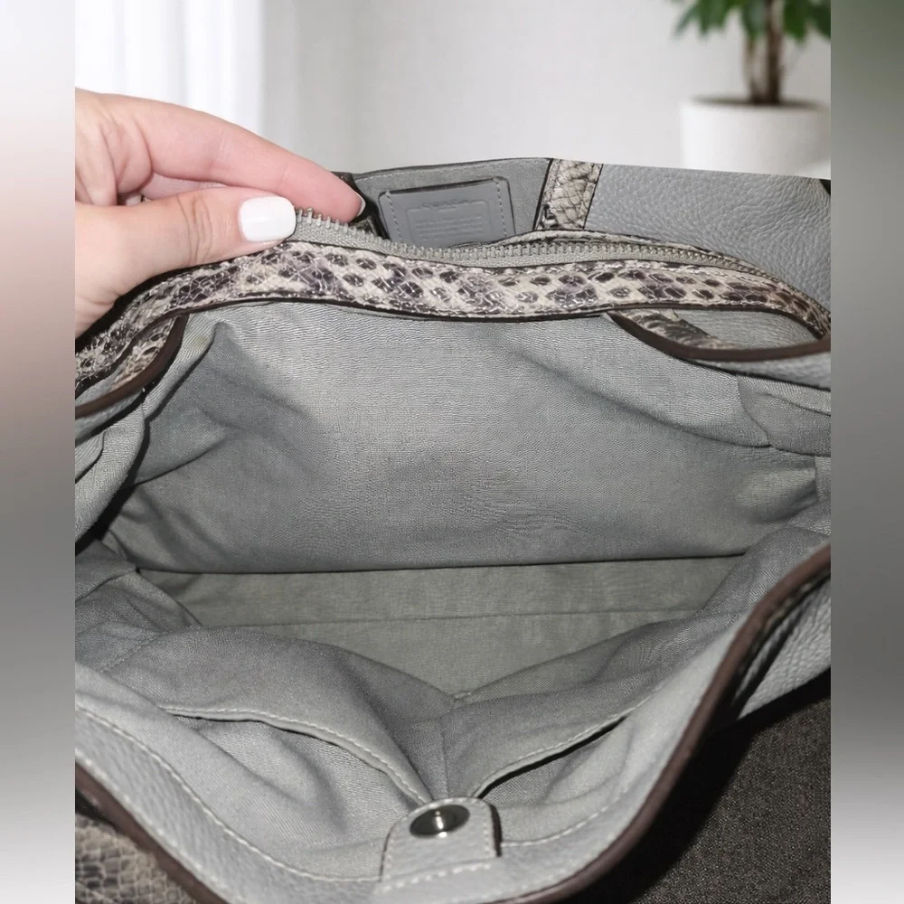 Coach Pebbled Leather Gray Hobo Shoulder Bag with Exotic Snakeskin-Embossed Trim